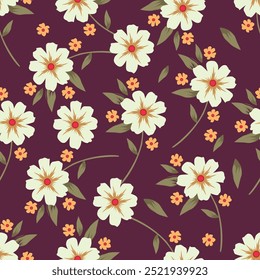 Seamless floral pattern with elegant line art plants. Beautiful flower print, trendy botanical design with large hand drawn white flowers, leaves on a gentle pink background. Vector illustration