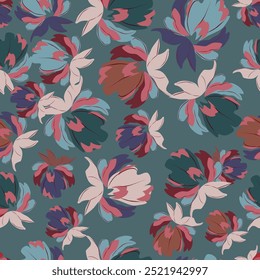 Seamless floral pattern with elegant line art plants. Beautiful flower print, trendy botanical design with large hand drawn white flowers, leaves on a gentle pink background. Vector illustration