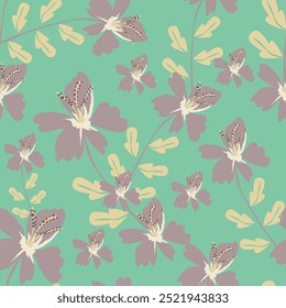 Seamless floral pattern with elegant line art plants. Beautiful flower print, trendy botanical design with large hand drawn white flowers, leaves on a gentle pink background. Vector illustration