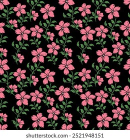 Seamless floral pattern with elegant line art plants. Beautiful flower print, trendy botanical design with large hand drawn white flowers, leaves on a gentle pink background. Vector illustration