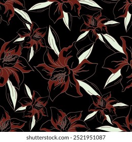 Seamless floral pattern with elegant line art plants. Beautiful flower print, trendy botanical design with large hand drawn white flowers, leaves on a gentle pink background. Vector illustration