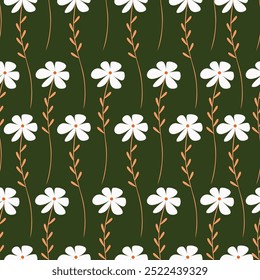 Seamless floral pattern with elegant line art plants. Beautiful flower print, trendy botanical design with large hand drawn white flowers, leaves on a gentle pink background. Vector illustration