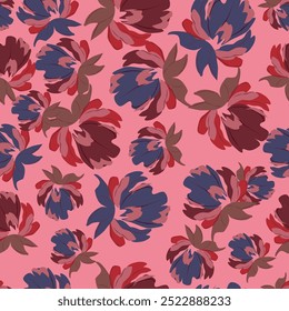 Seamless floral pattern with elegant line art plants. Beautiful flower print, trendy botanical design with large hand drawn white flowers, leaves on a gentle pink background. Vector illustration