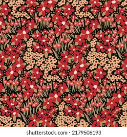 Patrón floral sin foco con elegantes flores de prado, pequeñas plantas dibujadas a mano. Impresión artística de color marrón, hermoso fondo botánico con flores silvestres rojas, hojas, hierba en un campo oscuro. Vector.