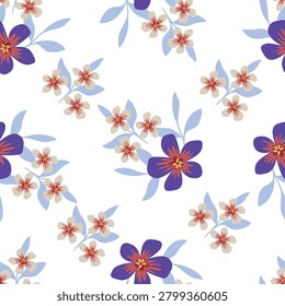 Seamless floral pattern with elegant meadow flowers, small hand drawn plants. Artistic ditsy print, beautiful botanical background with red wild flowers, leaves, grass on a dark field. Vector