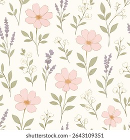 A seamless floral pattern in an elegant modern style, featuring delicate petals and soft hues, perfect for textile or digital backgrounds.