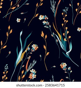 Seamless floral pattern, elegant nature print of hand drawn wild plants on dark blue field. Artistic botanical design of small flowers, thin branches, leaves. Vector illustration.