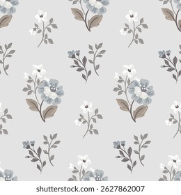 Seamless floral pattern, elegant nature ornament in light aged palette. Vintage botanical design of large hand drawn wild flowers, leaves on delicate gray background. Vector illustration.