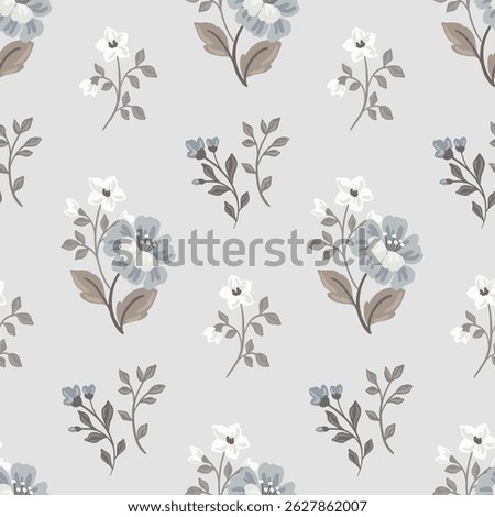 Seamless floral pattern, elegant nature ornament in light aged palette. Vintage botanical design of large hand drawn wild flowers, leaves on delicate gray background. Vector illustration.