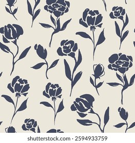 Seamless floral pattern. Elegant ornate repeating ornament with blooming rose flowers. Organic design element for printing on fabric or textile. Flat hand drawn doodle style vector illustration