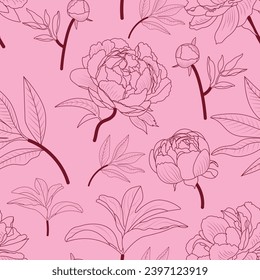 seamless floral pattern - elegant pink and red peony outline realistic
