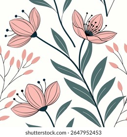 Seamless floral pattern with elegant pink flowers, dark teal leaves, and delicate branches on a white background. Modern botanical vector for fabric, wallpaper, and design projects.