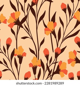 Patrón floral sin solera, impresión elegante con un motivo retro. Hermoso diseño botánico con plantas silvestres dibujadas a mano: flores naranjas pequeñas, hojas marrones, tallos en un fondo claro. Ilustración vectorial.