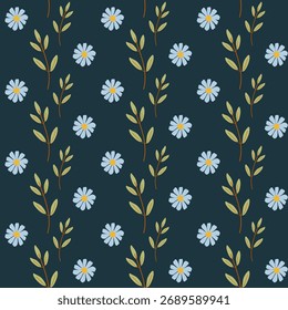 Seamless floral pattern, elegant floral print of hand drawn wild plants on dark blue field. Botanical design with flowers in abstract composition. Vector illustration.