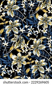 Seamless floral pattern, elegant vintage print with large exotic flowers. Tropical flower design with hand drawn tiger lily, different leaves on dark black background. Vector botanical illustration.