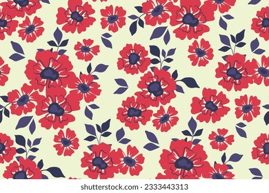 Patrón floral sin brillo, elegante impresión de color vintage con un sencillo patrón de planta. Diseño botánico, adorno: flores rojas dibujadas a mano, hojas, pequeños ramos en un fondo blanco. Ilustración vectorial.