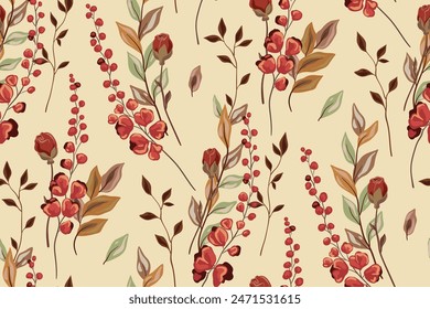 Seamless floral pattern, elegant vintage flower print in autumn colors. Beautiful botanical design: hand drawn red flowers, small leaves, thin branches, wild plants abstractly. Vector illustration.