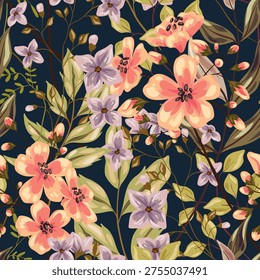 Seamless floral pattern, elegant watercolor ditsy print in vintage motif. Beautiful botanical design of hand drawn wild plants, small flowers, large leaves on a dark background. Vector illustration.