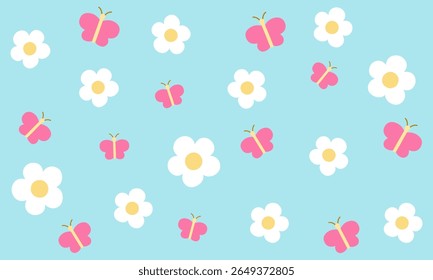 Seamless floral pattern with elegant white blossoms and pink butterflies over a soft blue backdrop, perfect for a calm and refreshing decorative design.