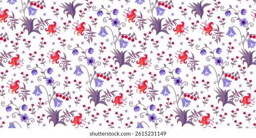 Seamless floral pattern with embroidered lilies, bells, berries and small flowers on a white background. Delicate print for fabric.