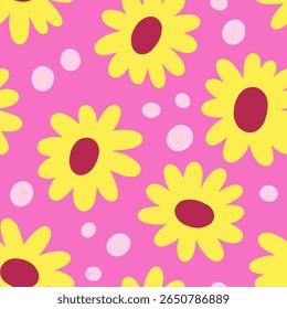 Padrão floral perfeito. Design de fundo infinito, flores em estilo groovy retro. Textura trippy funky colorida, repetindo impressão para têxtil, papel de parede e papel de embrulho. Ilustração de vetor plano