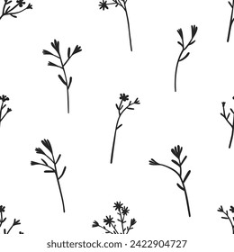 Seamless floral pattern. Endless botanical background. Spring flowers, wildflowers, repeating print. Black and white natural texture for fabric, textile design. Flat graphic vector illustration