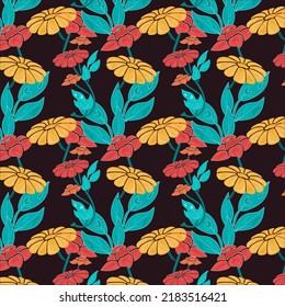 Seamless floral pattern of English vermillion, maximum yellow red, mandarin color daisy and daffodils flower with light sea green color leaf on color on background. textile design, wallpaper.