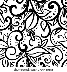 Seamless floral pattern. Ethnic and  curl motifs. Black  color. Vintage print for textiles. Hand-drawn ornament. Vector sketch illustration.