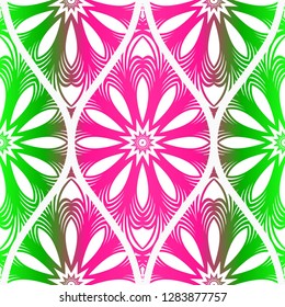 Seamless floral pattern in ethnic style. Decorative mandala element. Elegant design. Vector illustration. Pink, green color.