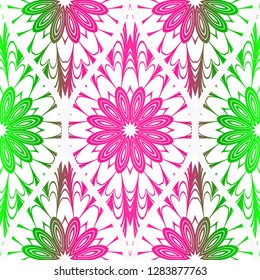 Seamless floral pattern in ethnic style. Decorative mandala element. Elegant design. Vector illustration. Pink, green color.