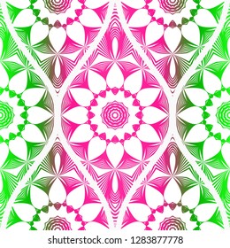 Seamless floral pattern in ethnic style. Decorative mandala element. Elegant design. Vector illustration. Pink, green color.