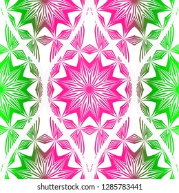 Seamless floral pattern in ethnic style. Decorative mandala element. Elegant design. Vector illustration. Pink, green color.