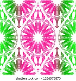 Seamless floral pattern in ethnic style. Decorative mandala element. Elegant design. Vector illustration. Pink, green color.