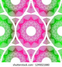 Seamless floral pattern in ethnic style. Decorative mandala element. Elegant design. Vector illustration. Pink, green color.