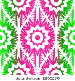 Seamless floral pattern in ethnic style. Decorative mandala element. Elegant design. Vector illustration. Pink, green color.