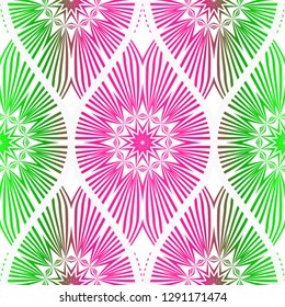 Seamless floral pattern in ethnic style. Decorative mandala element. Elegant design. Vector illustration. Pink, green color.