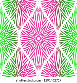 Seamless floral pattern in ethnic style. Decorative mandala element. Elegant design. Vector illustration. Pink, green color.