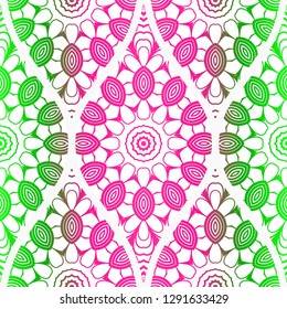 Seamless floral pattern in ethnic style. Decorative mandala element. Elegant design. Vector illustration. Pink, green color.
