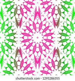 Seamless floral pattern in ethnic style. Decorative mandala element. Elegant design. Vector illustration. Pink, green color.
