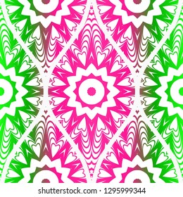 Seamless floral pattern in ethnic style. Decorative mandala element. Elegant design. Vector illustration. Pink, green color.