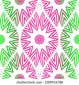 Seamless floral pattern in ethnic style. Decorative mandala element. Elegant design. Vector illustration. Pink, green color.