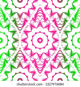 Seamless floral pattern in ethnic style. Decorative mandala element. Elegant design. Vector illustration. Pink, green color.