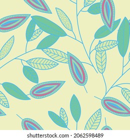 Patrón floral sin foco de estilo étnico. Resumen de hojas multicolores sobre fondo de moda. Ilustración del vector
