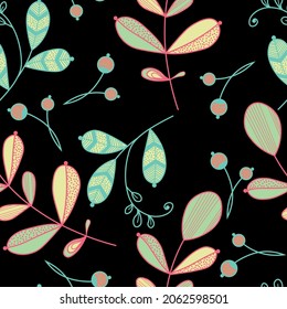 Seamless floral pattern in ethnic style. Abstract multi colored leaves on trendy  background. Vector illustration
