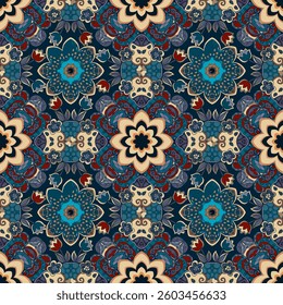 Seamless floral pattern in ethnic style in blue, red and beige tones on a black background in vector. Print for fabric.