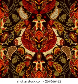 Seamless floral pattern, ethnic style. Bright indonesian batik. Vector stylized flowers and paisley. Pattern with stylized flowers and paisley. Design for fabric, web, textile, wrapping paper, cover.