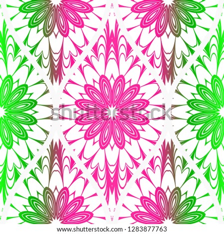 Seamless floral pattern in ethnic style. Decorative mandala element. Elegant design. Vector illustration. Pink, green color.