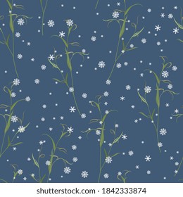 Seamless floral pattern with Eucalyptus or willow branches under snowflakes.