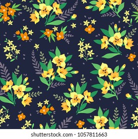 Seamless floral pattern with exotic flowers. Yellow lilies flowers on a dark blue background. Branches and points with small flowers are scattered on the surface. A bouquet flowers for fashion prints.