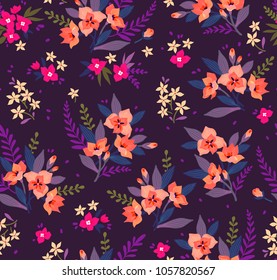 Seamless floral pattern with exotic flowers. Orange lilies flowers, dark violet background. Branches and points with small flowers are scattered on the surface. A bouquet flowers for fashion prints.